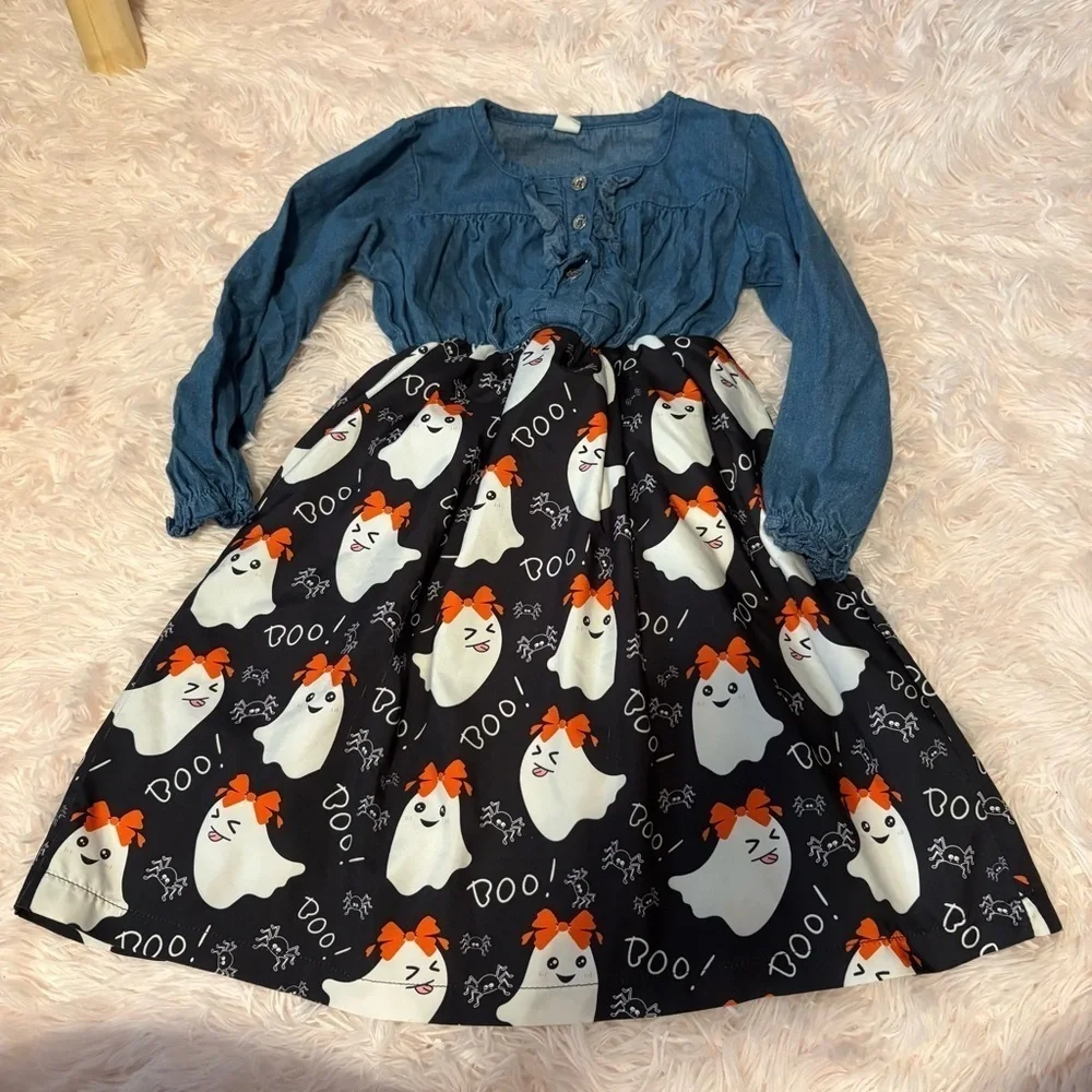 Ghost Denim Dress Halloween Girly Blue Black Long Sleeve Sz 140